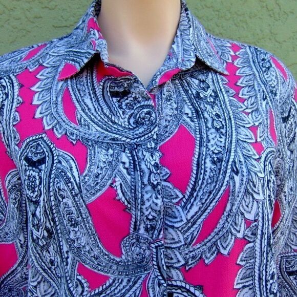 EUC INVESTMENTS Black, White & Pink  Paisley Violated Long Sleeve Shirt Petite S - Picture 5 of 15